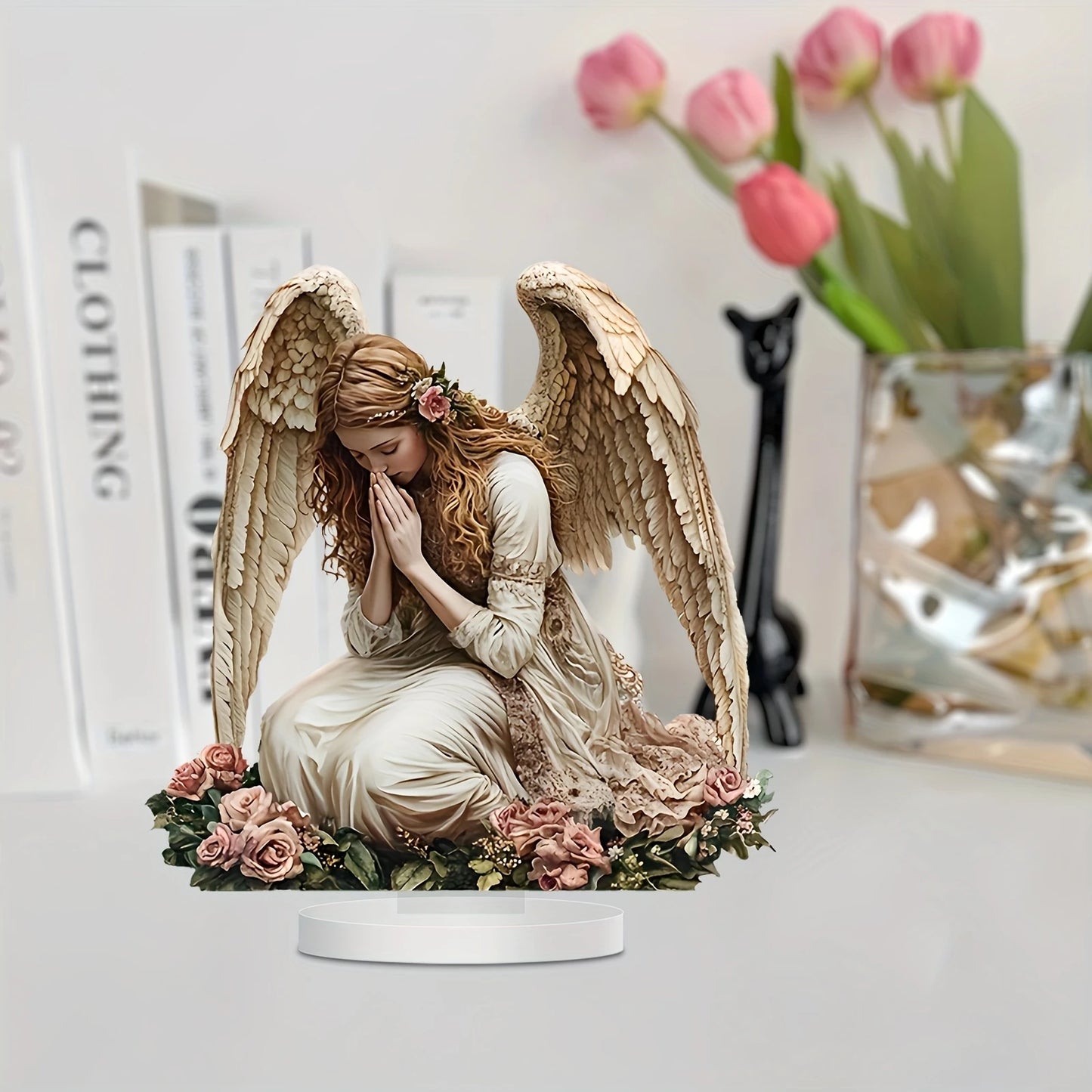 Figurine plate en acrylique 2D, ailes élégantes, ange féerique, Statue de prière, maison, bureau, café, salle, Studio, vitrine, décor d'ornement de Table