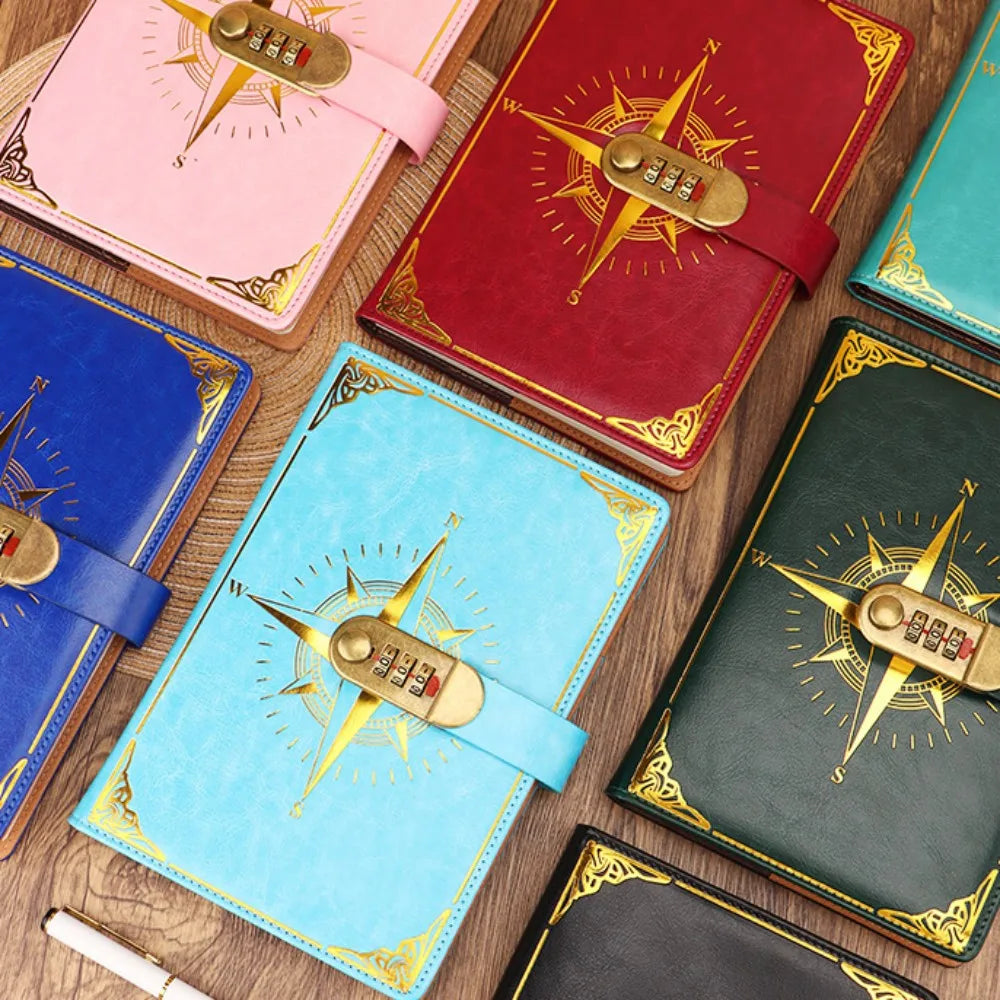 Carnet A5 Rétro Sécurisé avec Serrure – Journal Intime, Bloc-Notes Créatif et Boussole de Voyage