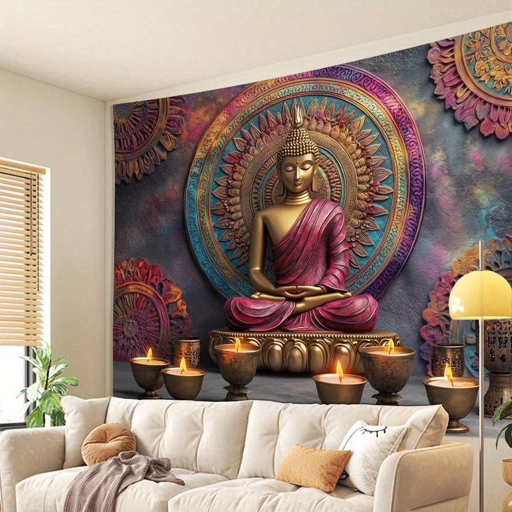 Tapisserie de bouddha 3D, décoration murale élégante en polyester pour salon, chambre à coucher, bureau, idéale pour la maison et l'ambiance de fête