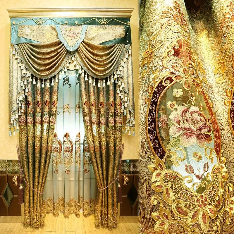Rideaux brodés de luxe pour salon et chambre à coucher, cantonnière moderne en velours doré, tulle de fond de paupières de fenêtres, Europe