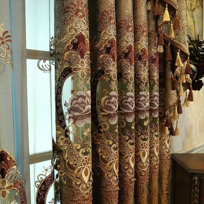 Rideaux brodés de luxe pour salon et chambre à coucher, cantonnière moderne en velours doré, tulle de fond de paupières de fenêtres, Europe