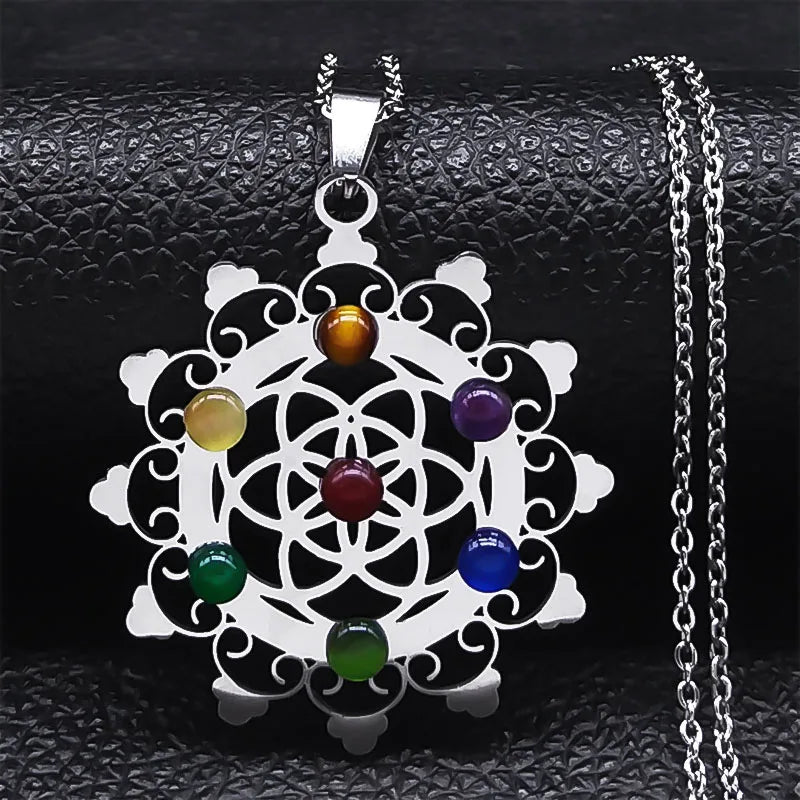 Géométrie sacrée 7 Chakra Metatron coeur collier fleur de vie en acier inoxydable opale pierre collier Reiki guérison bijoux N6341