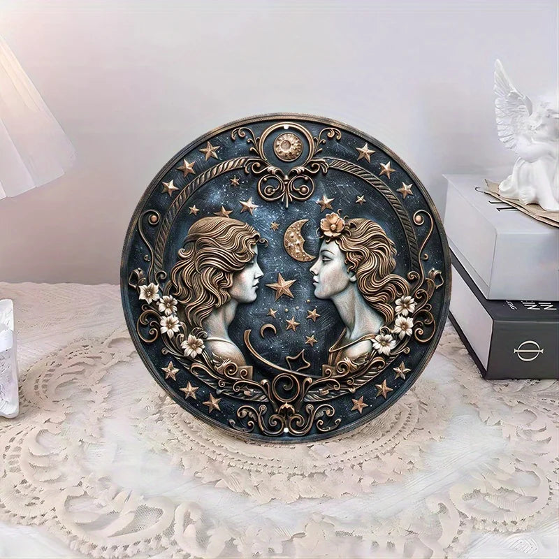 Signe du zodiaque Gémeaux en métal rond, art mural en aluminium avec impression HD, degré météo, pré-percé pour une confrontation facile