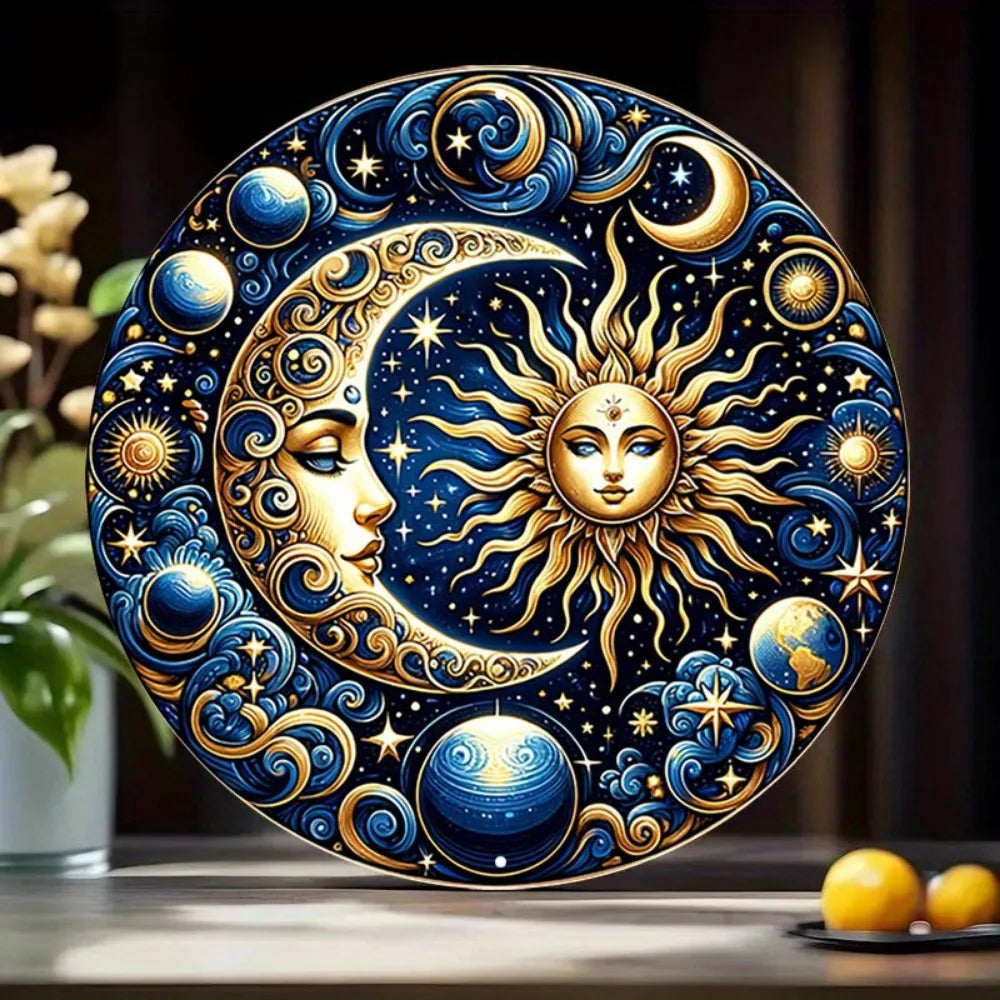Art mural rond en fer vintage 2D plat «élégant soleil et lune céleste » idéal pour la chambre à coucher, la salle à manger, le yoga et la méditation