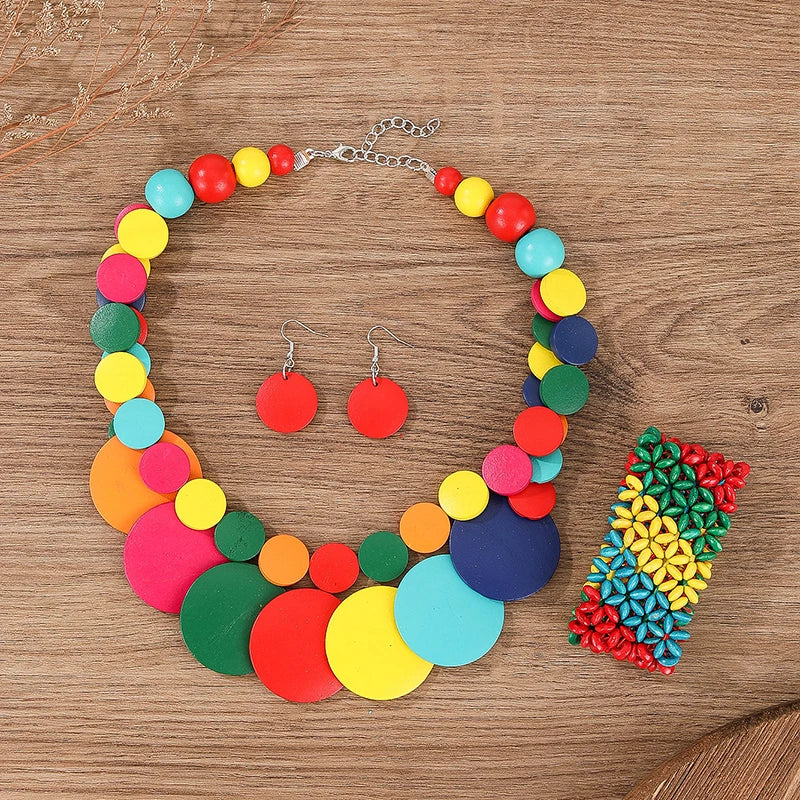 Grand ensemble de bijoux ronds en bois colorés à deux couches, pour fête de mariage africaine, perles en bois, collier, boucles d'oreilles, Bracelets, cadeaux pour femmes