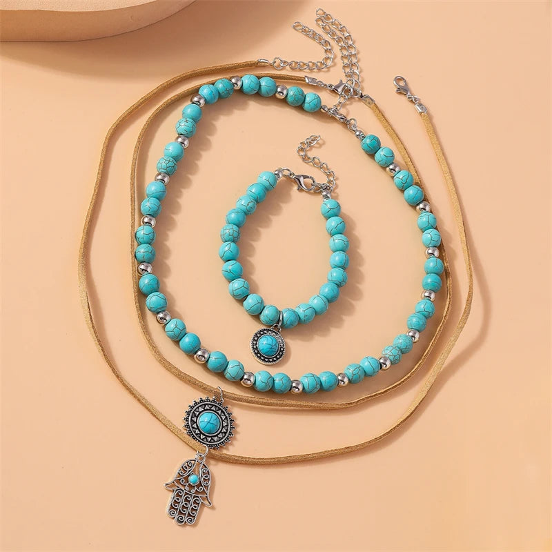 Ensemble de bijoux fait à la main pour femmes, collier de main de palmier turquoise, bracelet à la mode, cadeaux de fête et de festival pour filles