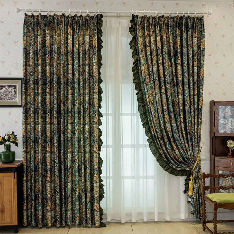 Rideaux personnalisés en velours vert rétro américain, pour salon, chambre à coucher, baie vitrée, Style Vintage français, pour l'automne doré