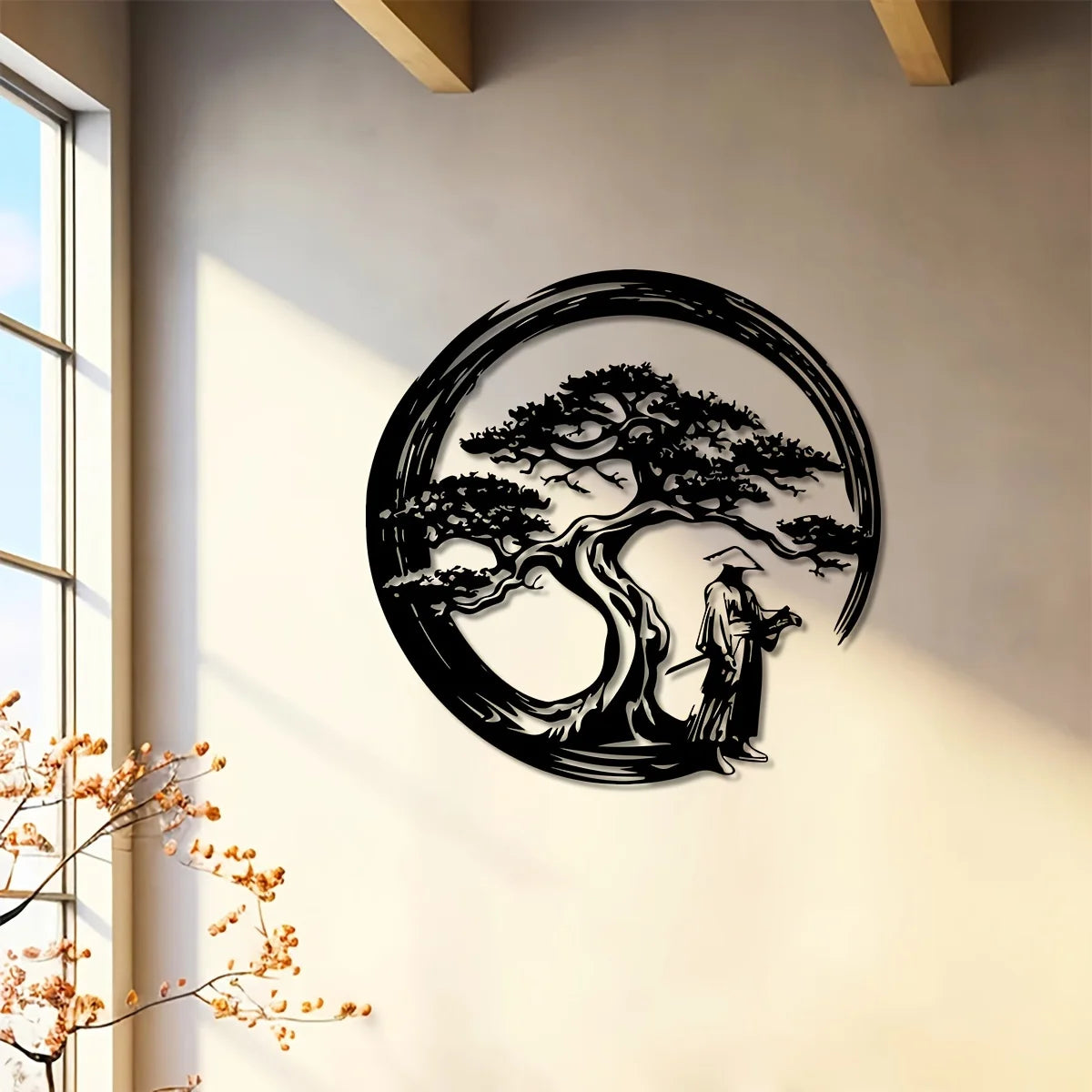 Arbre bonsaï japonais, Art mural en métal, 15.7x15.7, porte Tori, découpe Enso, créatif, moderne, Accent de maison, cadeau de pendaison de crémaillère Unique
