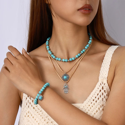 Ensemble de bijoux fait à la main pour femmes, collier de main de palmier turquoise, bracelet à la mode, cadeaux de fête et de festival pour filles