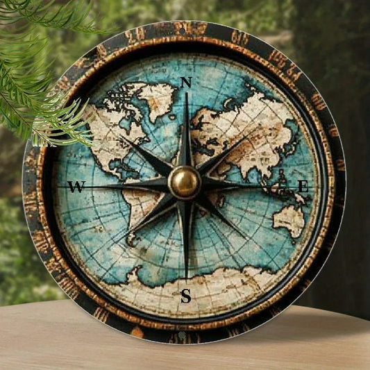Art mural en métal avec carte du monde circulaire, panneau en aluminium avec marqueurs de degrés, décor facile à accrocher pour la maison, Bar/café/restaurant