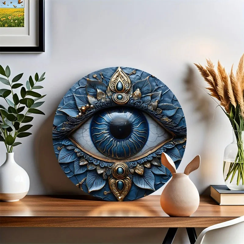 Art mural rond en aluminium Evil Eye – Parfait pour le salon, la salle de bain, la chambre à coucher, le garage et le café. |   Pièce d'accent unique pour la maison