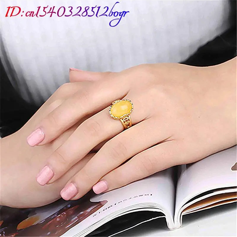 Bagues en ambre jaune, bijoux naturels, Talismans de luxe, amulette plaquée or 18 carats, bague réglable, cadeaux pour femmes