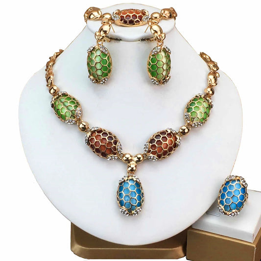 Ensemble de bijoux tendance pour femmes, perles plaquées or, collier, boucles d'oreilles, Bracelet, bagues, cadeaux d'anniversaire pour filles, FHK17030