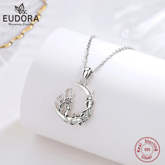 Eudora-Collier pendentif arbre de vie en argent regardé 925 pour homme et femme, chat mignon assis sur la lune, bijoux en argent fin, cadeau de fête