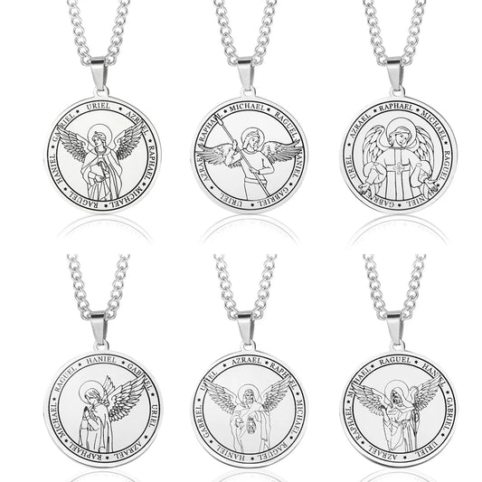 Religieux Azrael Gabriel Raphael Uriel Michael archange aile d'ange médaille en acier inoxydable pendentif collier bijoux