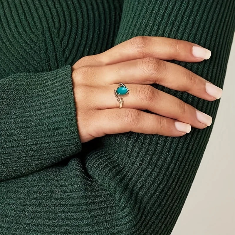 Bague rétro bohème couleur argent Imitation branche Turquoise, mode Style ethnique pour femmes, bijoux de fête, Festival, accessoires, cadeau