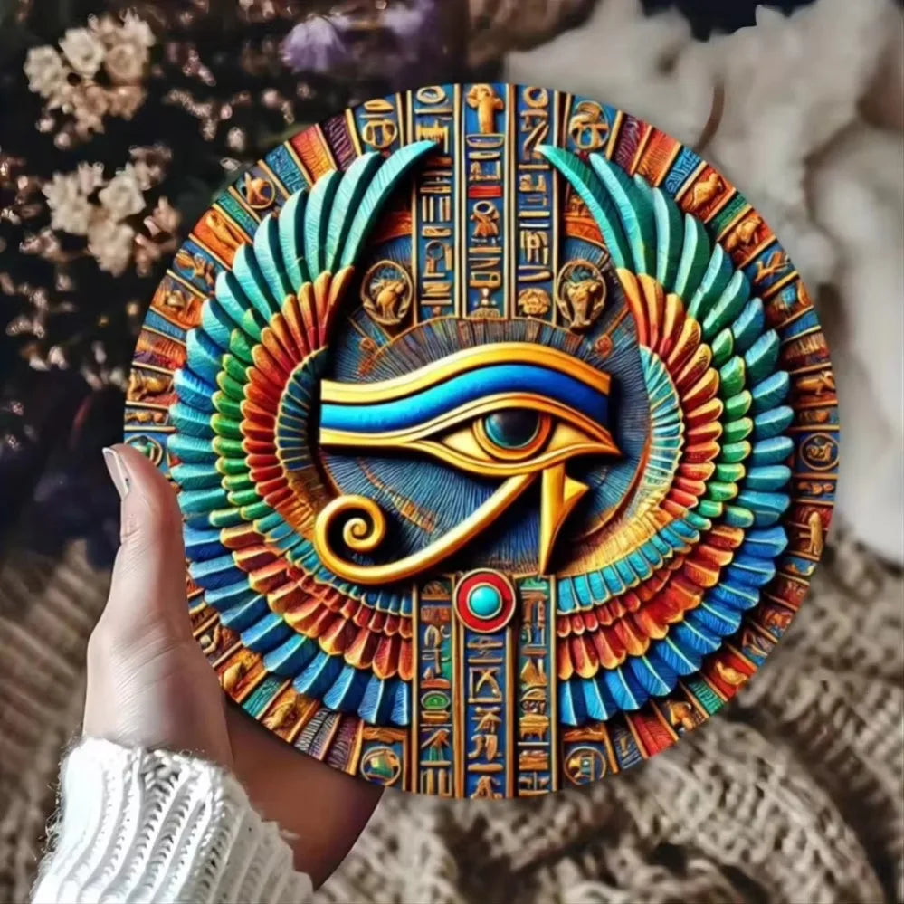 Décor en fer blanc EgyptianElegance Horus Eye : Exquisitement peint à la main avec gravure sur papier, doté de trous pré-percés pour accrocher.
