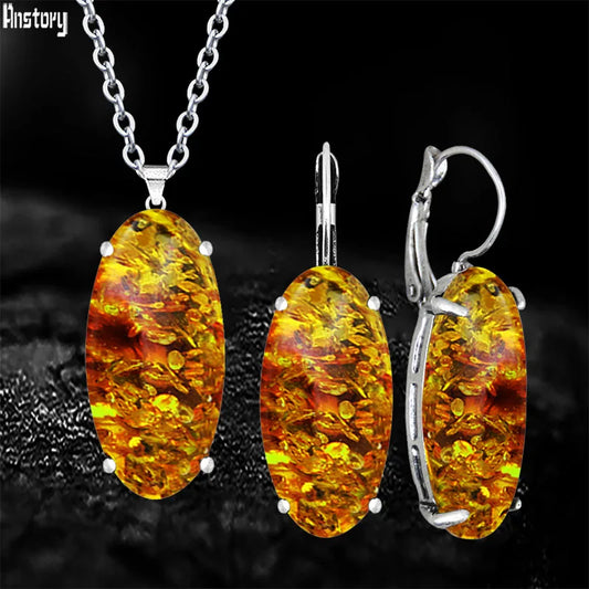 Ensemble collier et boucles d'oreilles vintage pour femme, pendentif en forme d'oeil, ambres simulés, bijoux fantaisie plaqués argent antique