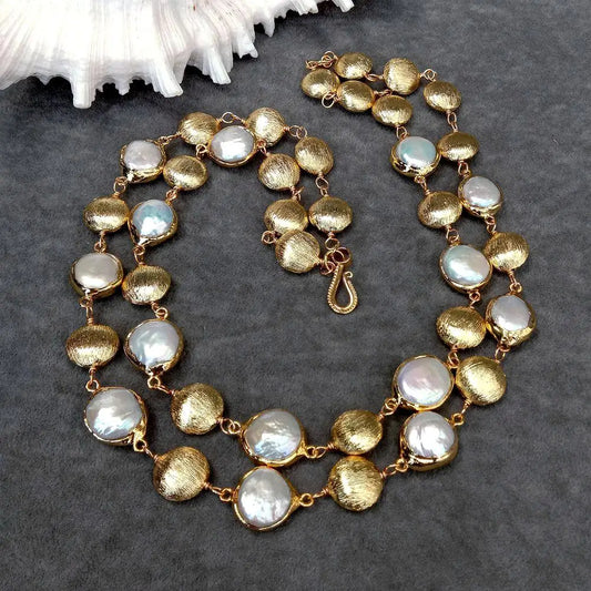 YYGEM-Collier de perles de culture d'eau douce pour femme, perle de pièce de monnaie blanche, bijoux multibrins brossés, style luxueux, 17mm, 15mm