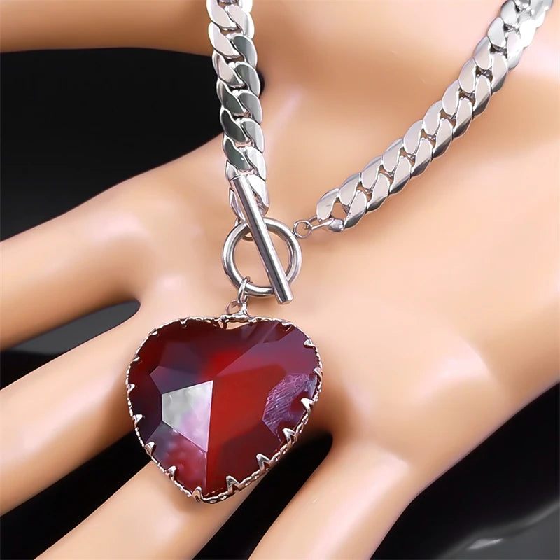 Collier ras du cou gothique punk en acier inoxydable avec pendentif cœur rouge en verre pour femmes