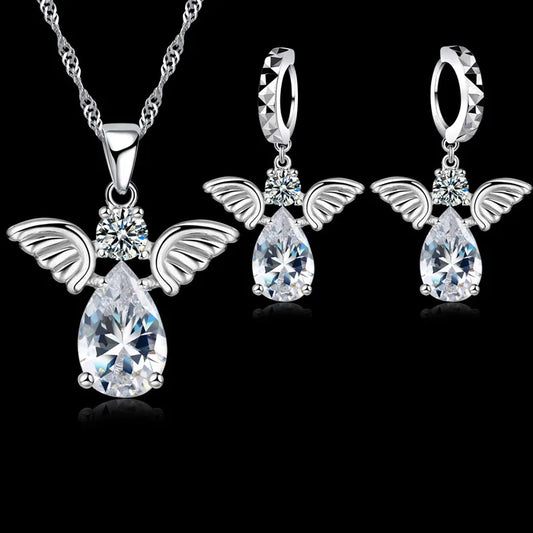 Vente Promotions mignon ange forme ensembles de bijoux cristal 925 en argent Sterling couleur pendentif collier et boucles d'oreilles ensemble dame anniversaire