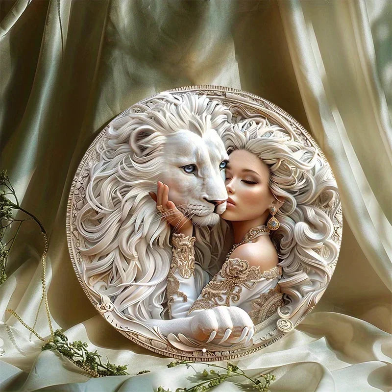 Superbe femme et blanc discutant d'art-Panneau rond en métal, impression HD, étanche, degré météo, décoration murale