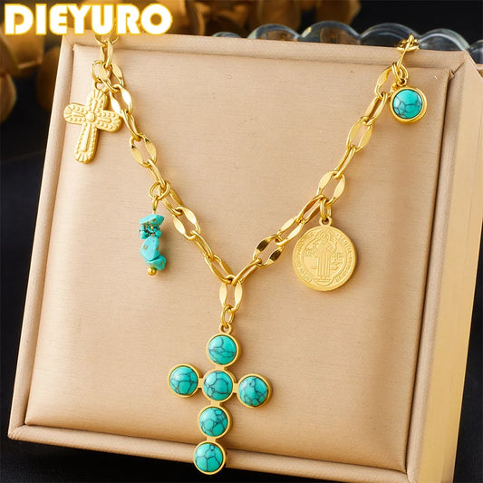 DIEYURO 316L acier inoxydable rond Turquoise incrusté croix pendentif collier pour femmes fille nouvelle mode cou chaîne bijoux cadeau