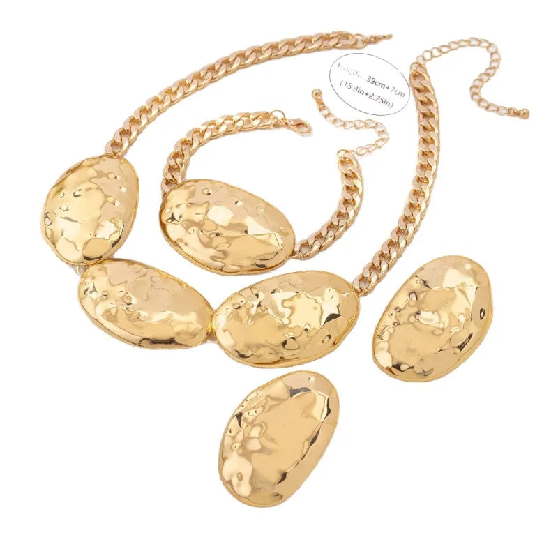 Ensemble de boucles d'oreilles ovales à motif de battement géométrique exagéré, collier et Bracelet pour femmes et filles, bijoux de fête à la mode DS046