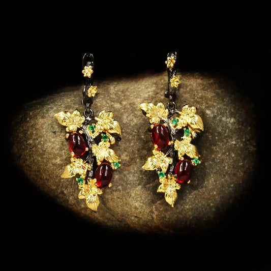 Nouveau élégant noir or rubis pendentif fleur feuille 925 boucles d'oreilles en argent cristal pierres précieuses dames bijoux boucles d'oreilles argent 925 bijoux