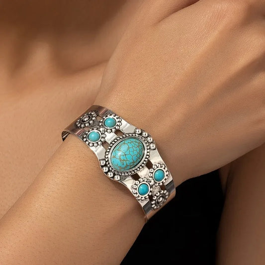 Bracelet manchette turquoise incrusté Élpour hommes et femmes, style bohème vintage, bracelets de personnalité, design créatif, cadeau de bijoux
