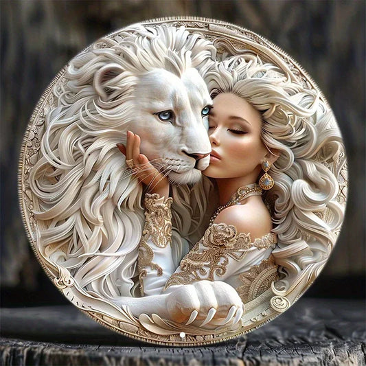 Superbe femme et blanc discutant d'art-Panneau rond en métal, impression HD, étanche, degré météo, décoration murale