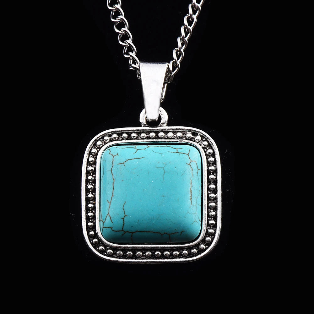 JOLagenlook-Collier avec pendentif à barre rectangulaire turquoise, bohème occidental, cowgirl, longueur réglable, bijoux longs, tour de cou à maillons, 20"