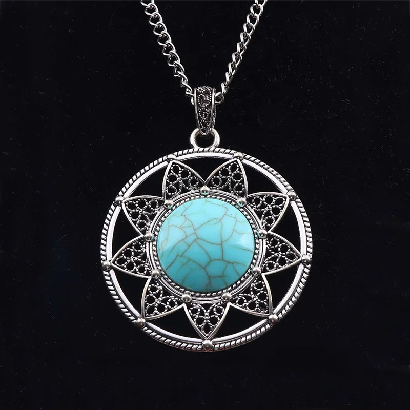 JOLagenlook-Collier avec pendentif à barre rectangulaire turquoise, bohème occidental, cowgirl, longueur réglable, bijoux longs, tour de cou à maillons, 20"