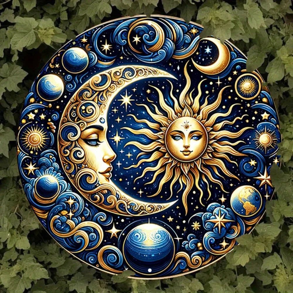Art mural rond en fer vintage 2D plat «élégant soleil et lune céleste » idéal pour la chambre à coucher, la salle à manger, le yoga et la méditation
