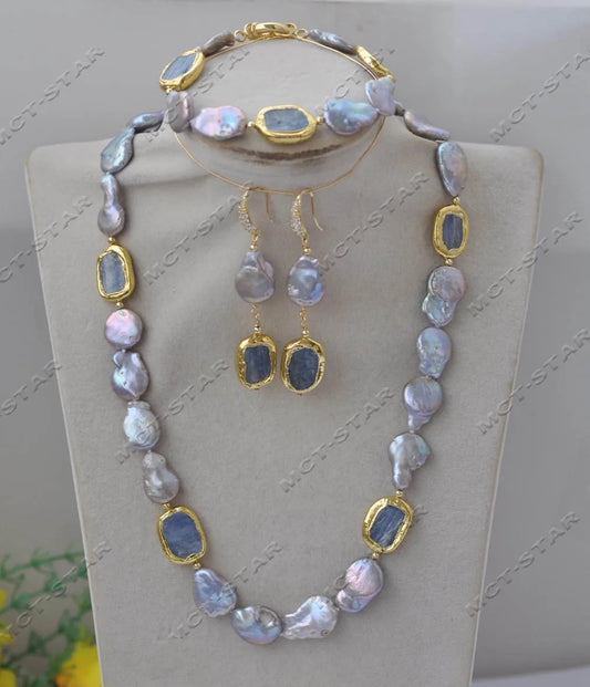 Ensemble de bijoux personnalisés, pièce de monnaie grise, perle, kyanites bleus, collier, bracelet, boucle d'oreille, Z13617, 19"