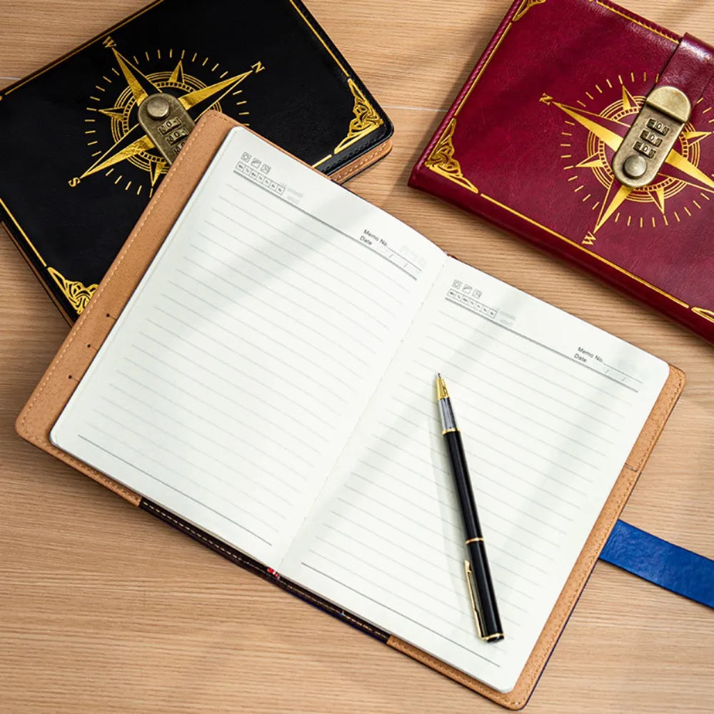 Carnet A5 Rétro Sécurisé avec Serrure – Journal Intime, Bloc-Notes Créatif et Boussole de Voyage