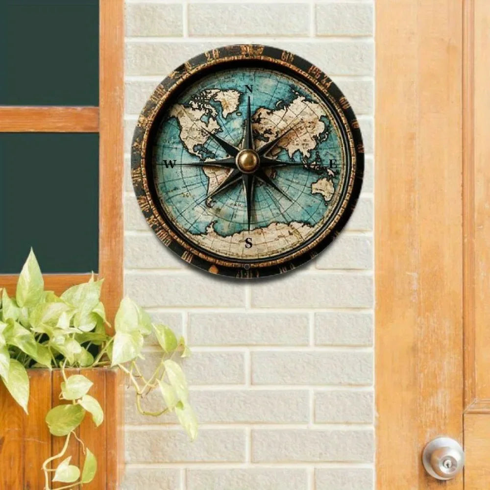 Art mural en métal avec carte du monde circulaire, panneau en aluminium avec marqueurs de degrés, décor facile à accrocher pour la maison, Bar/café/restaurant