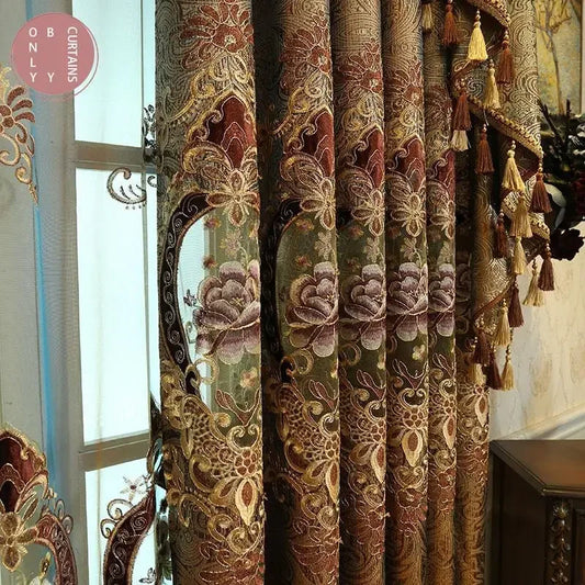 Rideaux brodés de luxe pour salon et chambre à coucher, cantonnière moderne en velours doré, tulle de fond de paupières de fenêtres, Europe