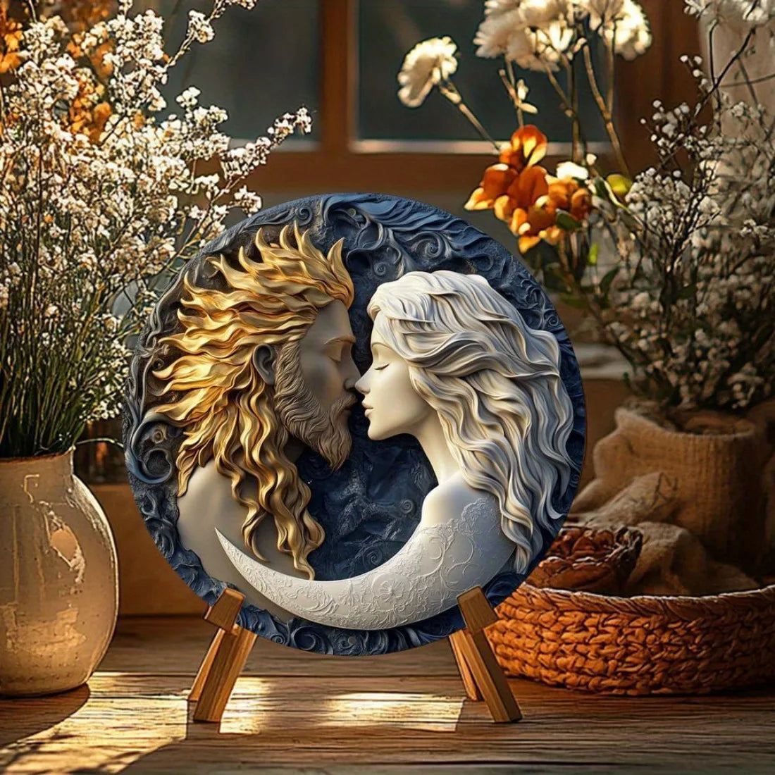 Panneau mural en métal aluminium soleil et lune, Plaque ronde rétro pour la maison, décor de cuisine café, Art mural résistant aux intempéries