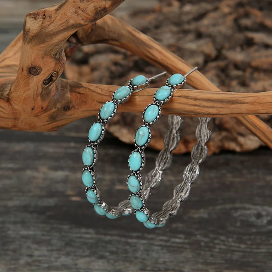 Boucles d'oreilles bohème Turquoises, couleur argent, créoles rondes pour femmes, Vintage, fête, accessoires bijoux à la mode