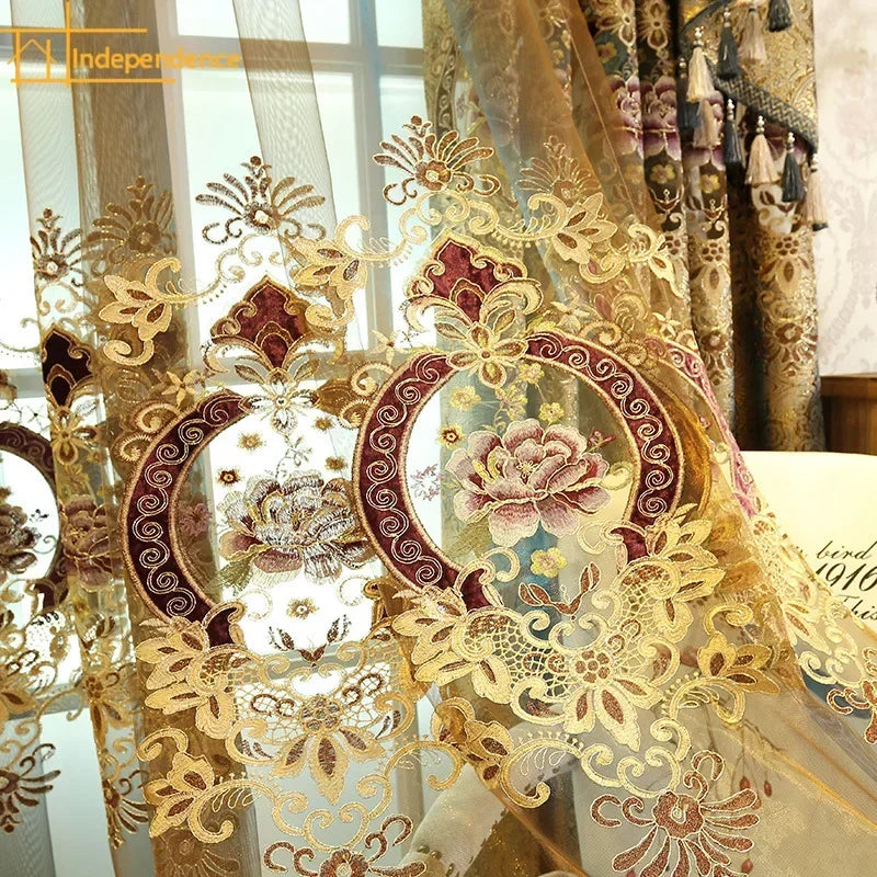 Rideaux brodés de luxe pour salon et chambre à coucher, cantonnière moderne en velours doré, tulle de fond de paupières de fenêtres, Europe