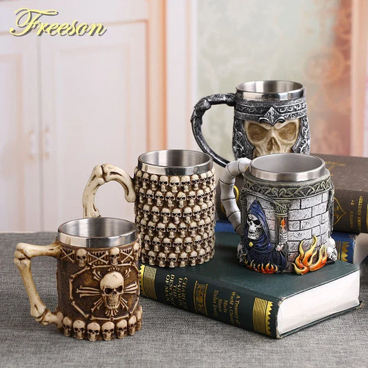 Chope à bière en résine de crâne gothique en acier inoxydable, chope Dragon Knight, tasse à café, tasse à thé, décor de pub et de bar, le plus cool