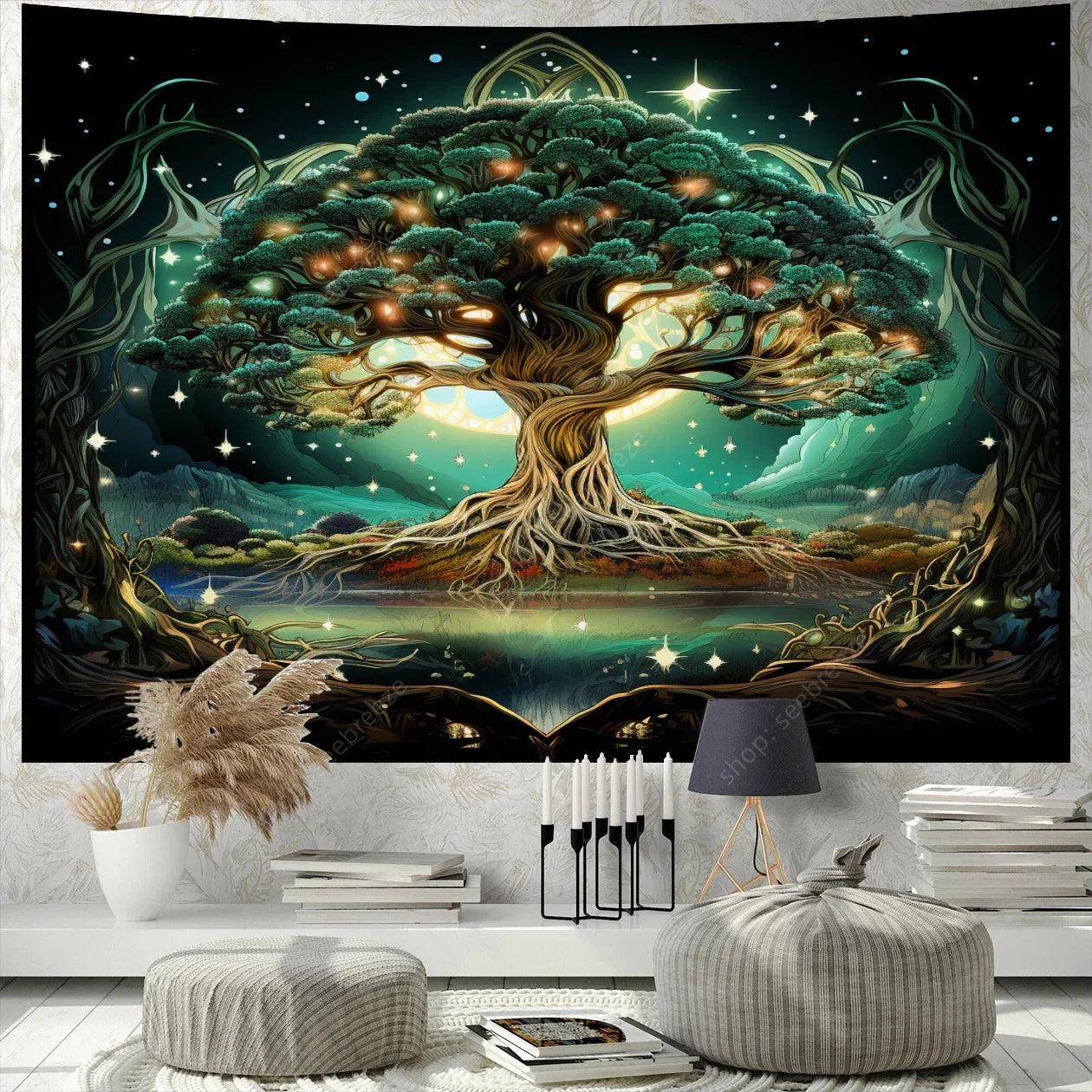 Tapisserie Murale Arbre de Vie Psychédélique Grand Mandala Bohème Sorcellerie Décor Salle de Rencontre