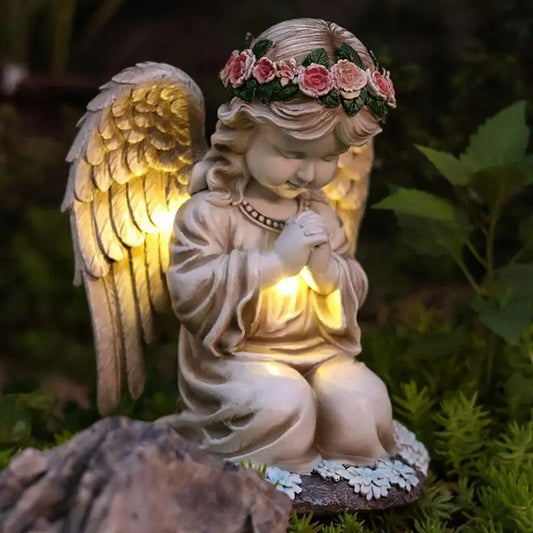 Ange de prière en résine avec lumières solaires, figurine de sculpture étanche, décor de jardin, art de la cour, décorations de cimetière
