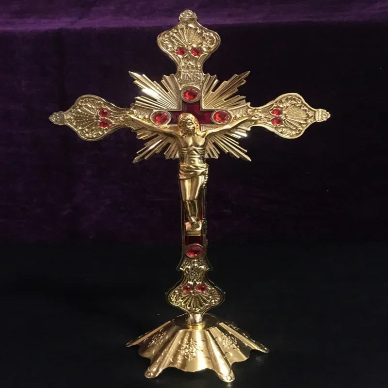 Figurines de reliques d'église, Crucifix de jésus-Christ sur le support, croix murale, autel religieux Antique, décoration de chapelle de maison, 4 couleurs
