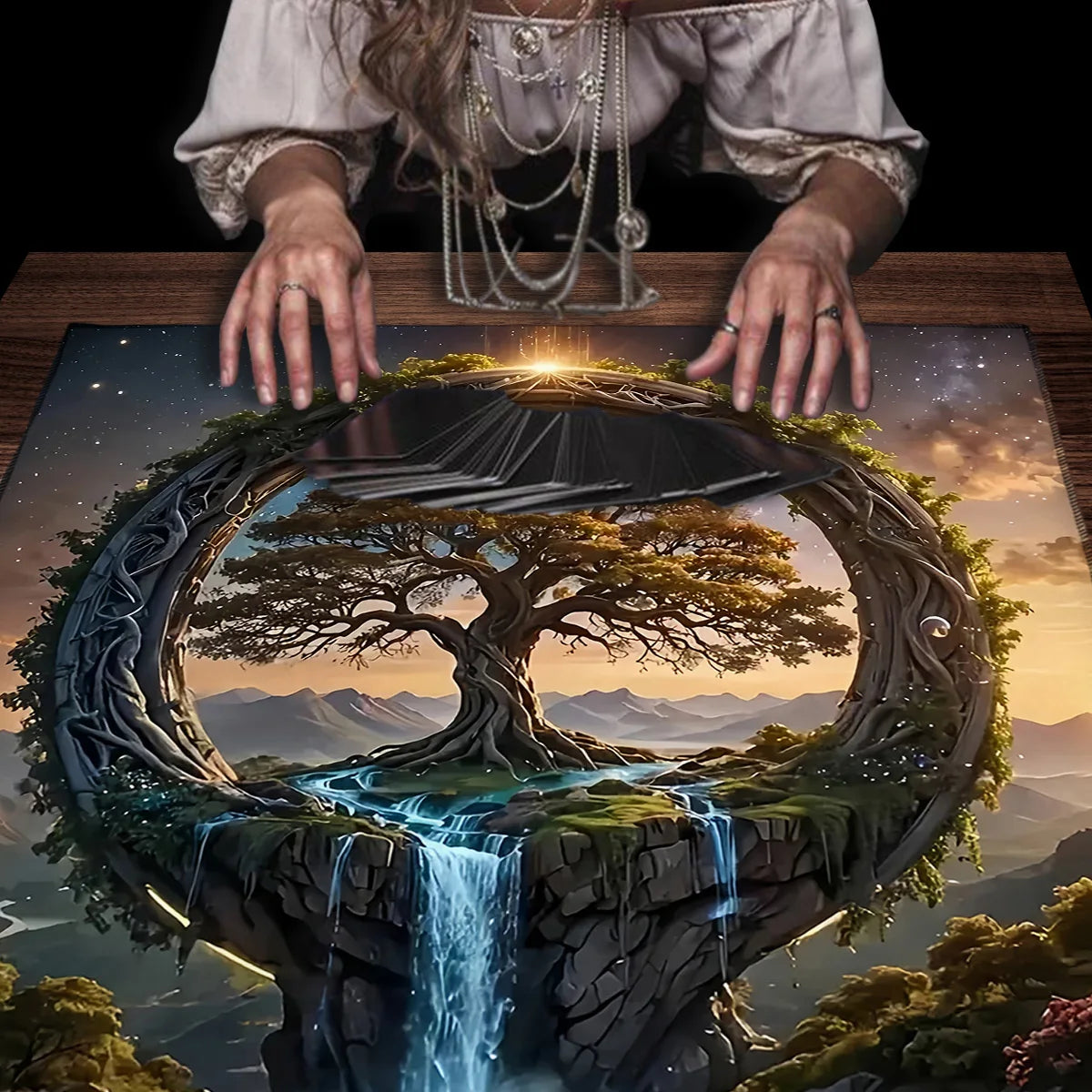 Nappe de carte de Tarot arbre de vie en Polyester, ciel étoilé, vue sur le lac, tissu d'autel, sorcellerie, Divination païenne, sorcière, décor de salle de maison