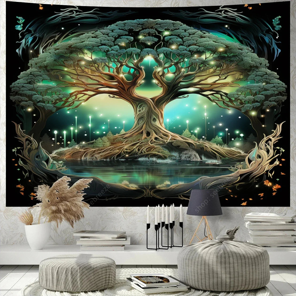 Tapisserie Murale Arbre de Vie Psychédélique Grand Mandala Bohème Sorcellerie Décor Salle de Rencontre