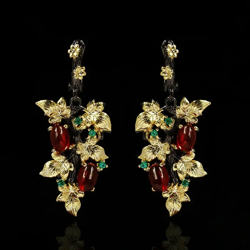 Nouveau élégant noir or rubis pendentif fleur feuille 925 boucles d'oreilles en argent cristal pierres précieuses dames bijoux boucles d'oreilles argent 925 bijoux