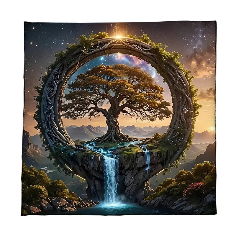 Nappe de carte de Tarot arbre de vie en Polyester, ciel étoilé, vue sur le lac, tissu d'autel, sorcellerie, Divination païenne, sorcière, décor de salle de maison