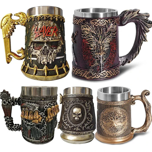 Tasses à bière Norse Myenson, arbre du monde, viking, kokor, baril de chêne, chope en résine, acier inoxydable, tasse à eau, tasse à café, 600ml
